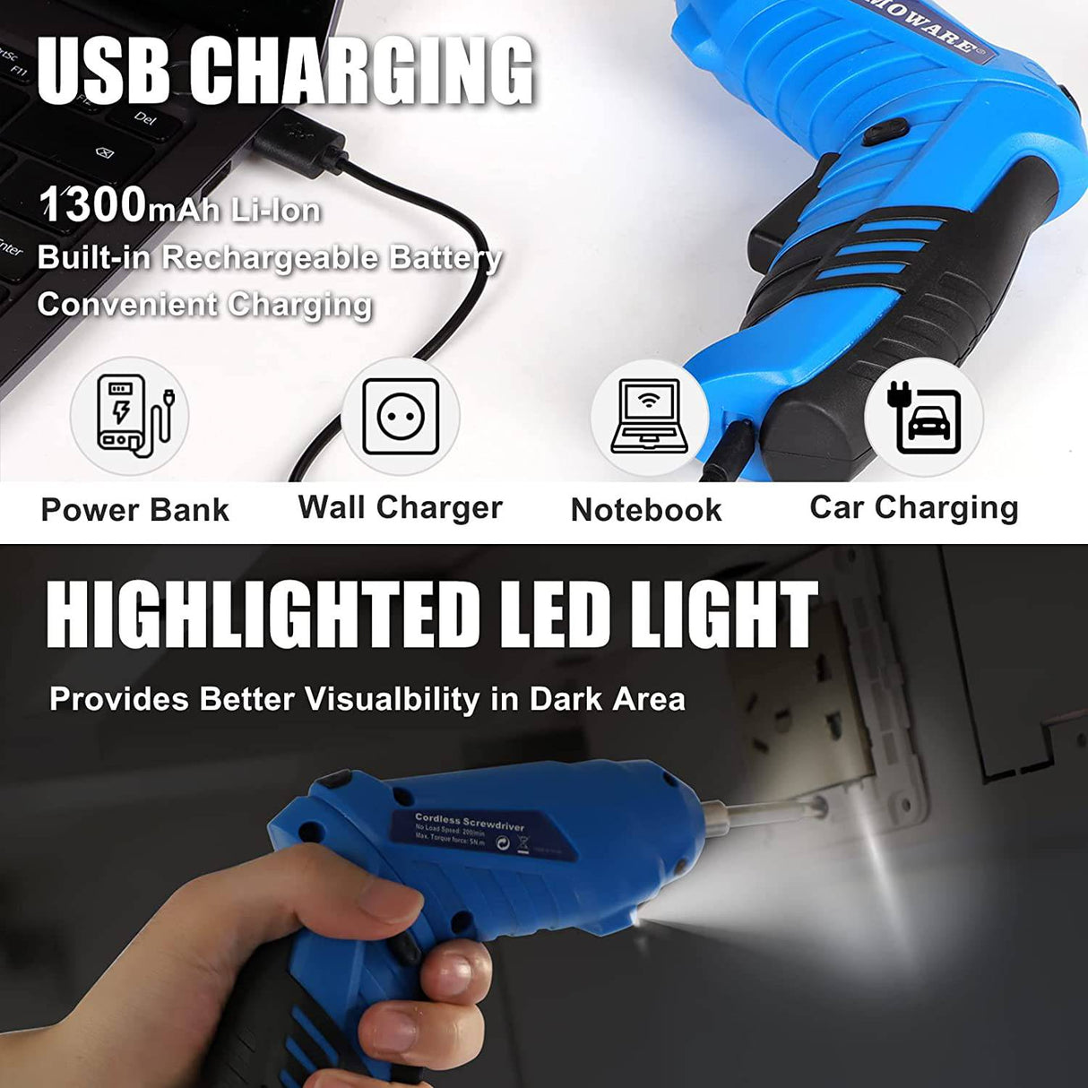 COMOWARE Destornillador eléctrico, 3.6V Max 5Nm Destornillador inalámbrico Recargable Set con 47 Kit de accesorios - DIGVICE MX