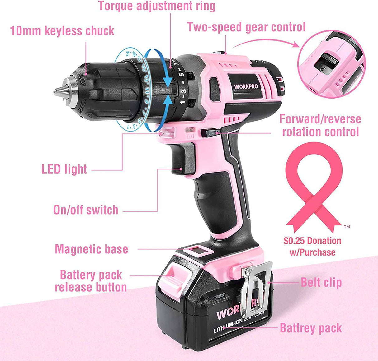 WORKPRO Pink Wireless - Juego de destornilladores de iones de litio de 20 V, 1 batería, cargador y bolsa de almacenamiento incluidos, cinta rosa - DIGVICE MX