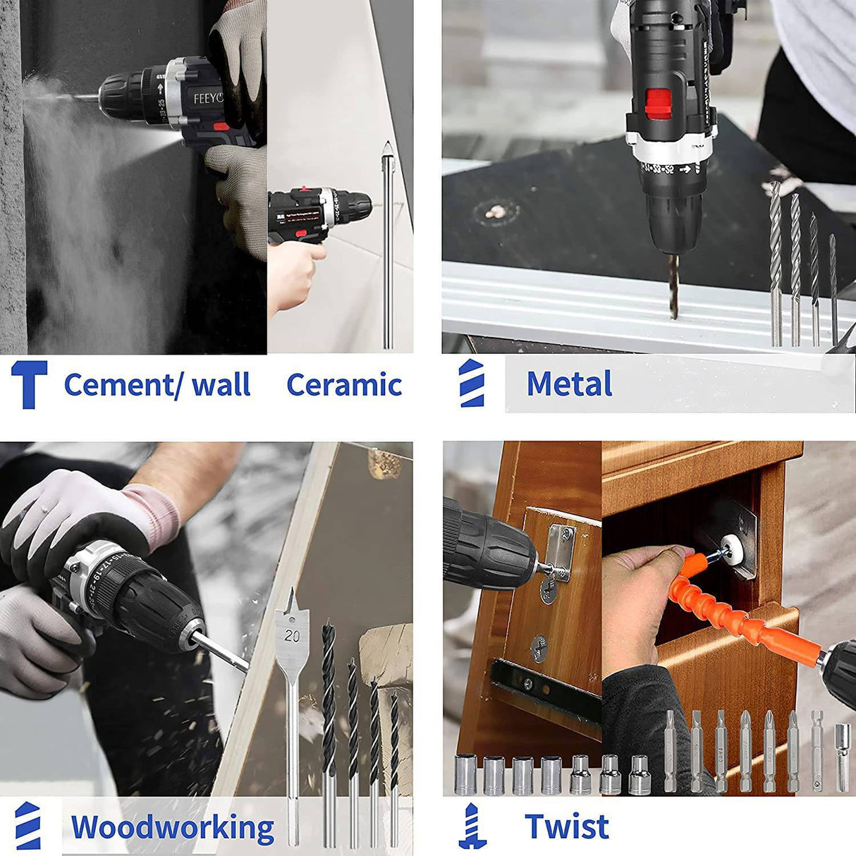 FEEYOO - Juego de taladro inalámbrico con 2 baterías, 12.8V 28Nm potente destornillador eléctrico conjunto de 31 piezas (2x3900mAh baterías, 2 velocidades, 25+1 embrague, 0.394 in mandril automático, luz LED incorporada) para proyectos de bricolaje - DIGVICE MX