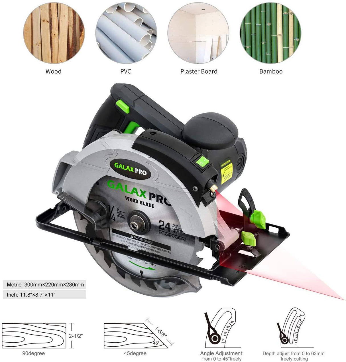 Sierra circular con cable GALAX PRO 12A 5500RPM con hoja de sierra circular de 7-1/4" y guía láser Profundidad máxima de corte 2.45" (90°), 1.81" (45°) para cortar madera y troncos - DIGVICE MX