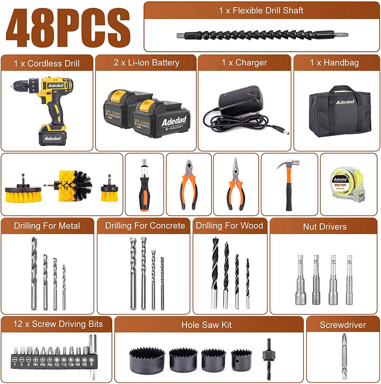 Adedad Juego de brocas inalámbricas de 20 V con 2 piezas de batería de iones de litio de 2.0 Ah y cargadores, taladro de mano eléctrico de 300 in-lb incluye 23+1 embrague de metal, 2 velocidades variables, luz LED - DIGVICE MX