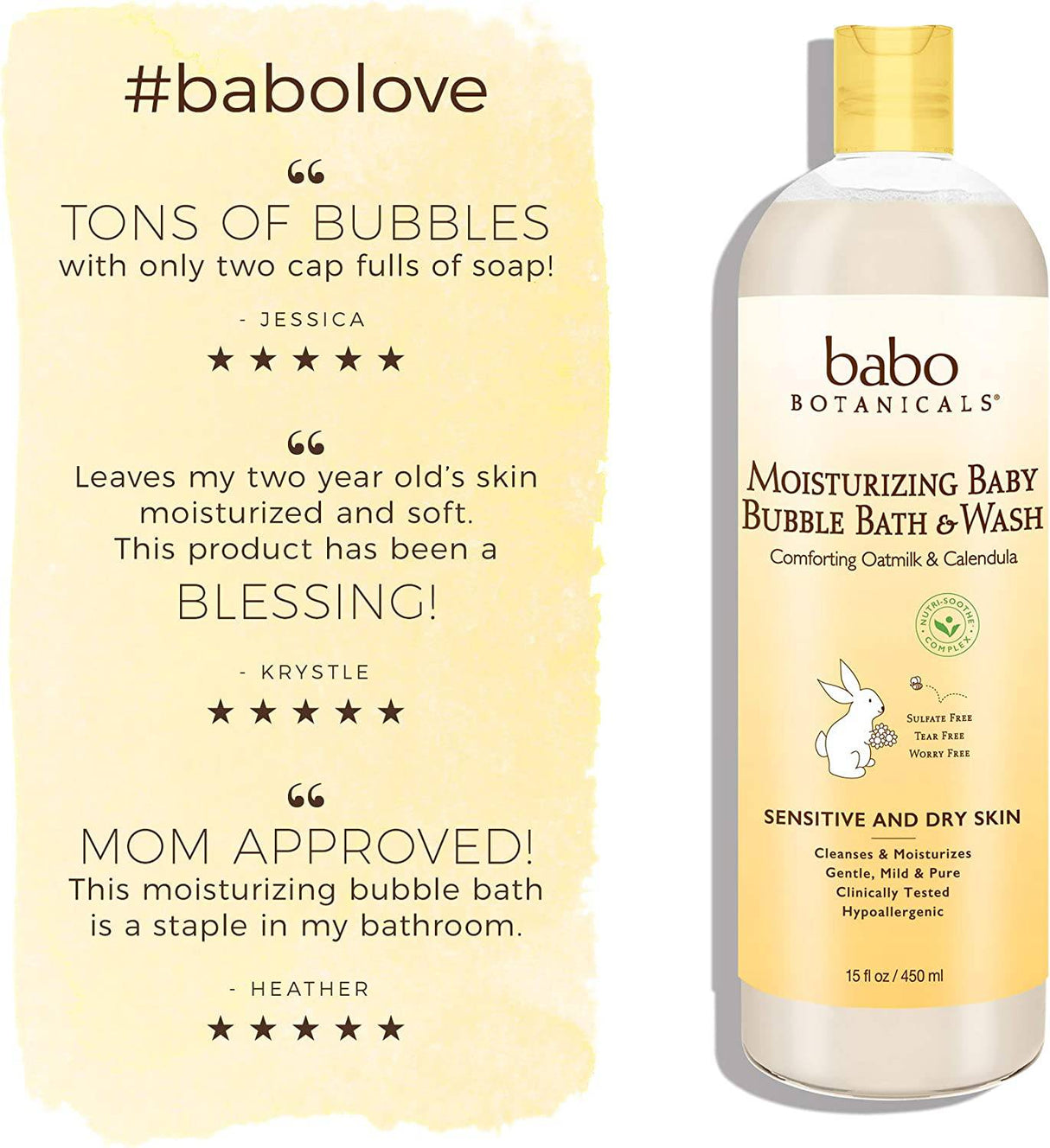 Babo Botanicals Baño y lavado de burbujas 2 en 1 hidratante a base de plantas - con caléndula orgánica y leche de avena natural - Para bebés, niños y adultos con piel sensible - Hipoalergénico y vegano - 15 oz