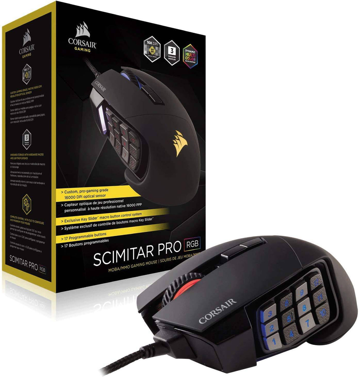 Corsair Scimitar Pro RGB - Ratón para juegos MMO - Sensor óptico de 16 000 DPI - 12 botones laterales programables - Negro