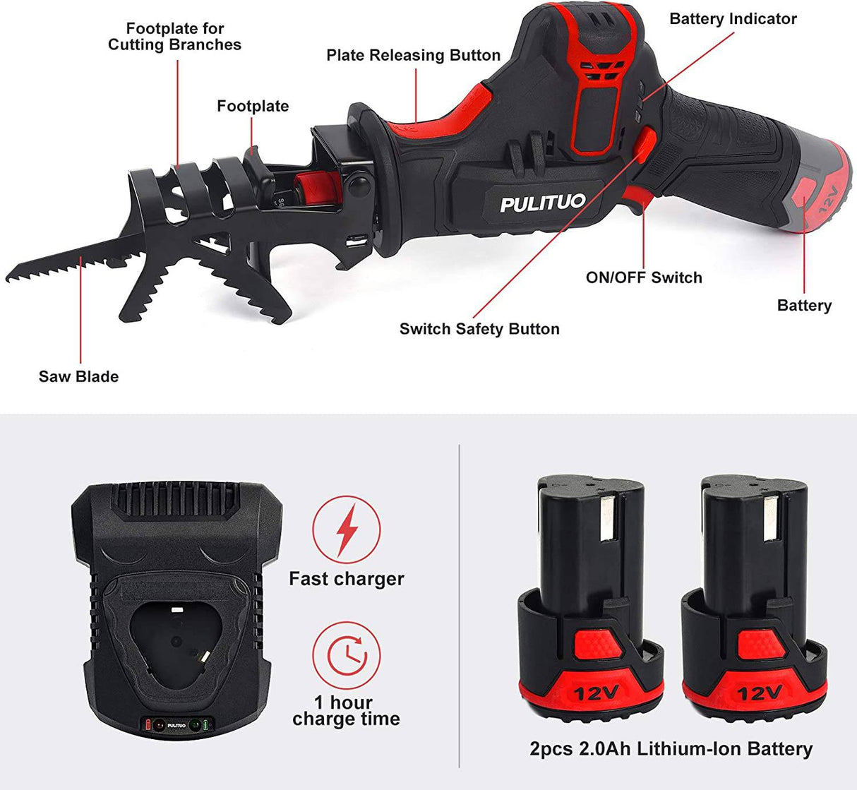 Sierra recíproca inalámbrica PULITUO de 12 V con mordaza de sujeción, 2 baterías de iones de litio de 2,0 Ah, cargador rápido de 1 hora, 4 hojas de sierra para corte de PVC de madera y metal - DIGVICE MX