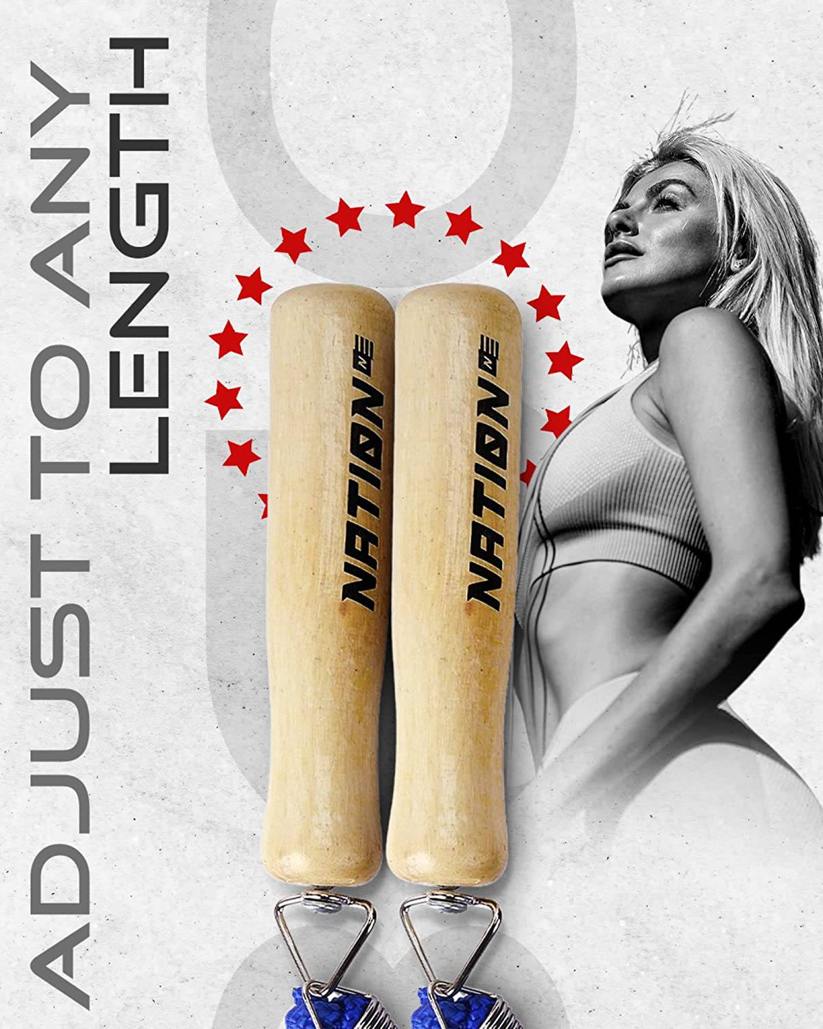 WOD Nation - Cuerda de saltar de algodón con mango de madera, cuerda de saltar larga ajustable para hombres, mujeres y niños