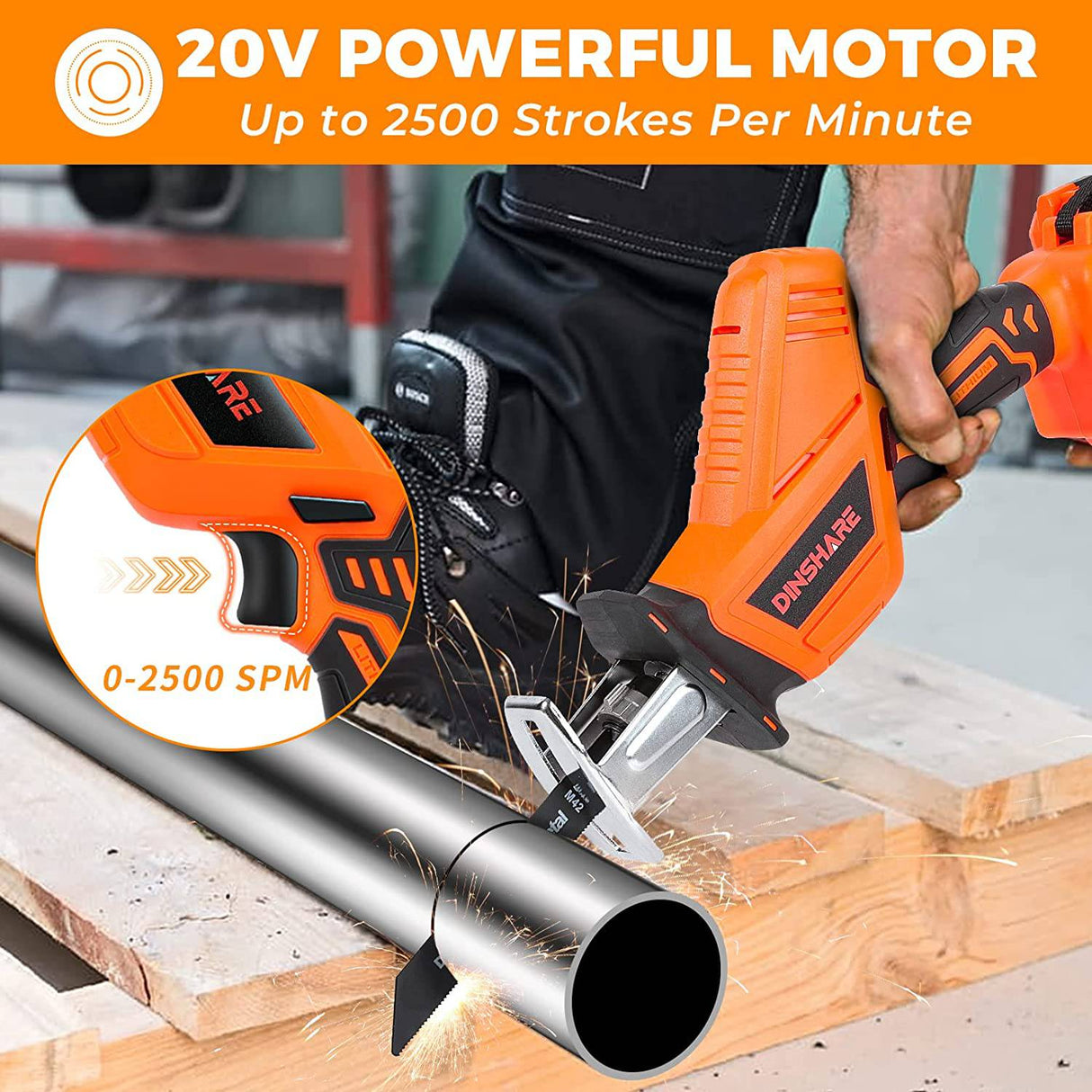 DINSHARE Sierra recíproca inalámbrica: alimentada por batería de 20 V 2,0 Ah con corte de alta eficiencia, cargador rápido de 45 minutos, 6 hojas de sierra, cambio de hoja sin herramientas, - DIGVICE MX