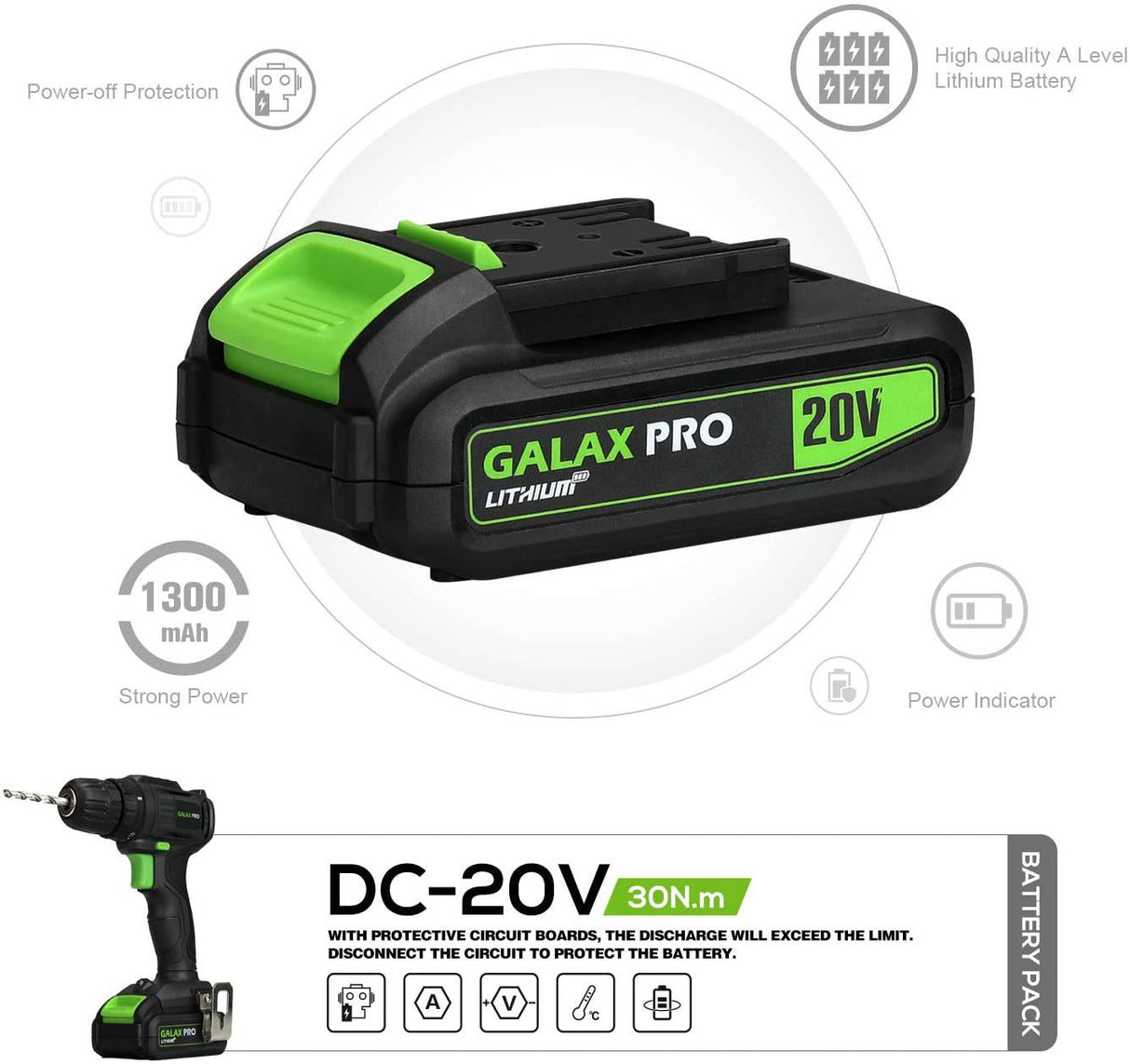 GALAX PRO Taladro compacto de 2 velocidades 20 V MAX taladro de iones de litio/controlador, taladro eléctrico de 3/8 pulgadas con ajuste de par de 19 + 1, batería de 1,3 Ah, luz de trabajo LED - DIGVICE MX