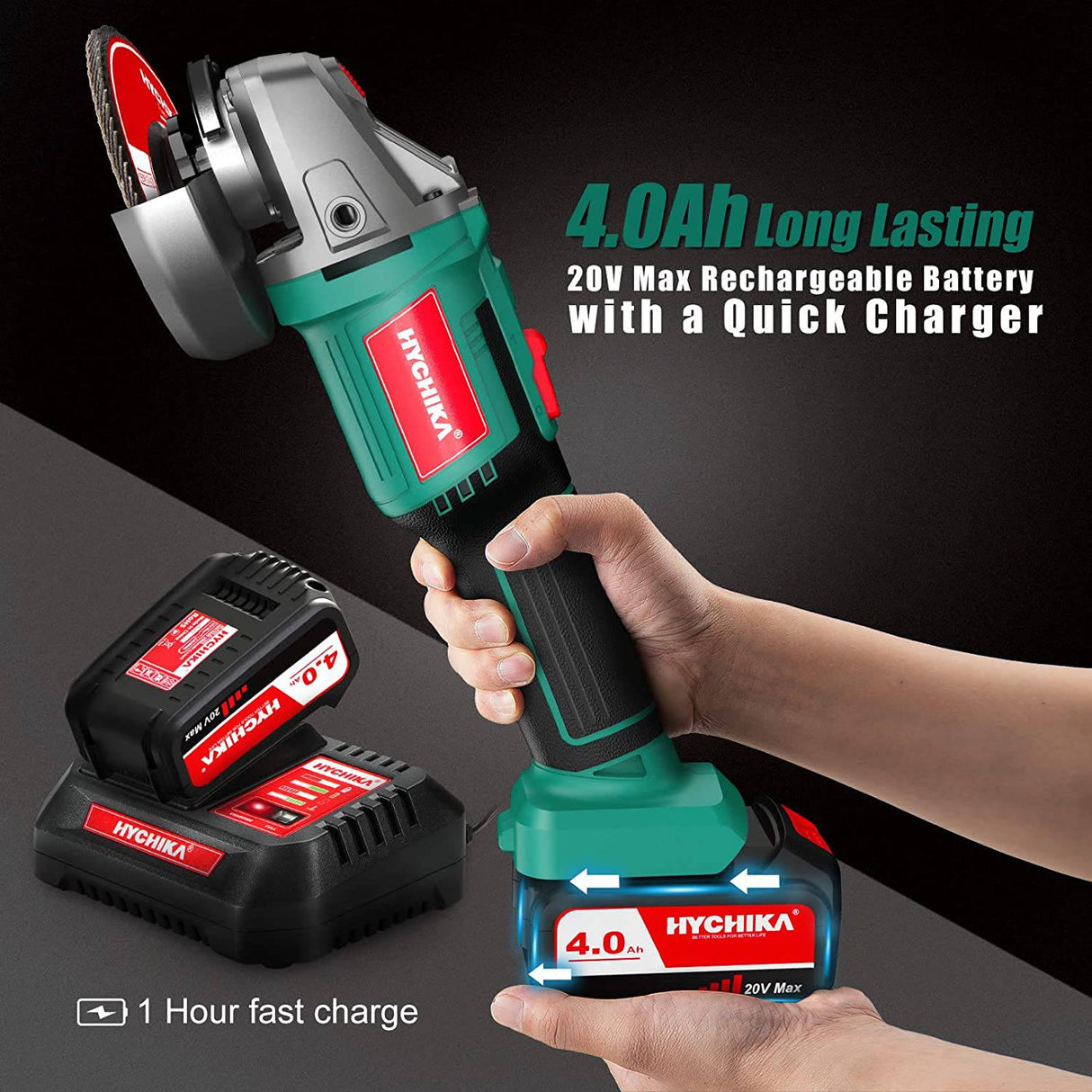 Amoladora angular de 20 V HYCHIKA, amoladora inalámbrica con batería de 4,0 Ah y cargador rápido, 8500 RPM, 5 discos de 4-1/2 pulgadas, mango auxiliar de 3 posiciones para cortar y amolar - DIGVICE MX