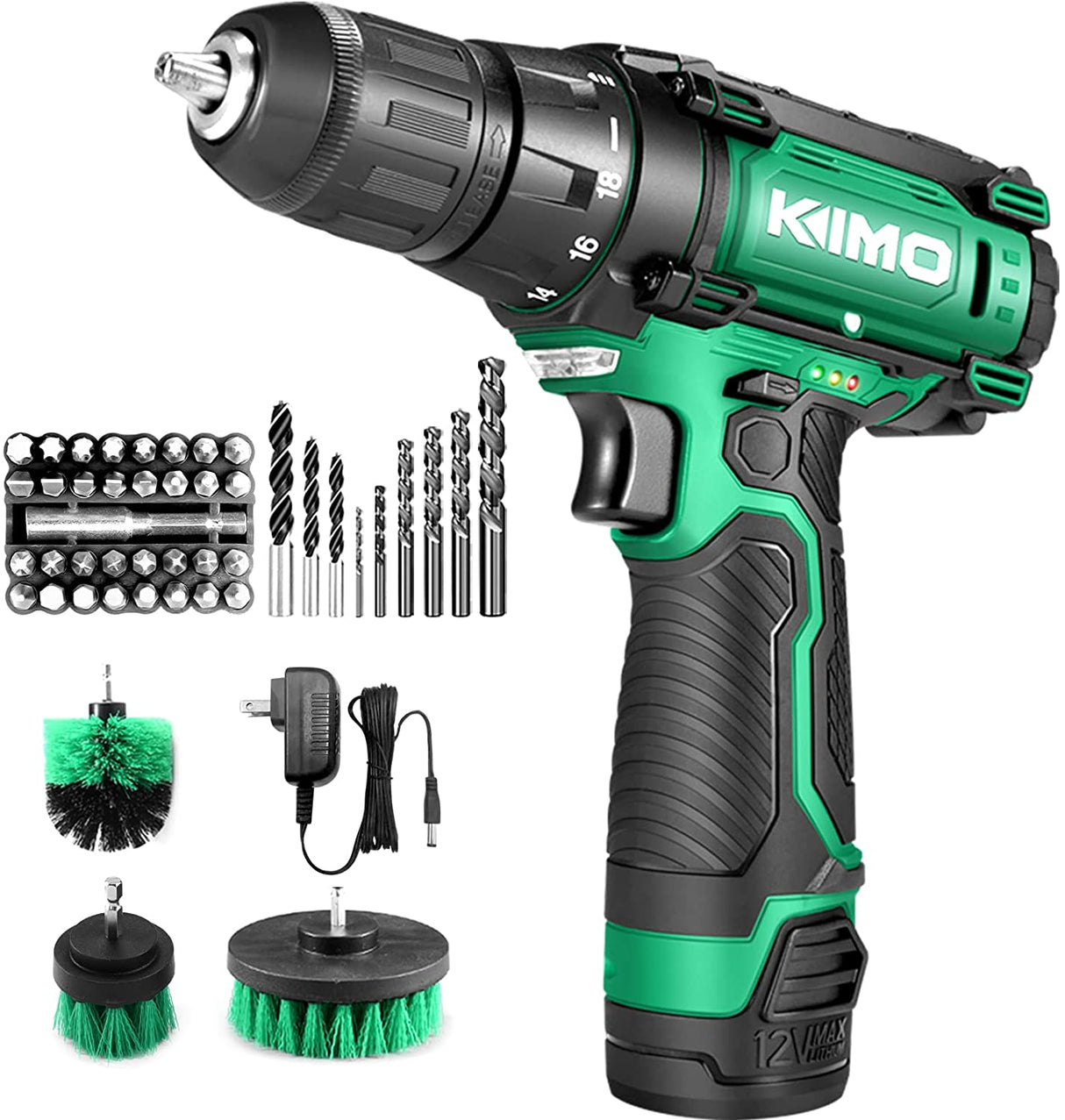 KIMO Kit de taladro/desarmador inalámbrico con batería de iones de litio, 48 piezas, con cepillos y cinta métrica; taladro de 12V Max 280 pulgada-libra, llave de dados, llave de metal 18+1, mandril de 3/8 de pulgada sin llave, LED integrado - DIGVICE MX