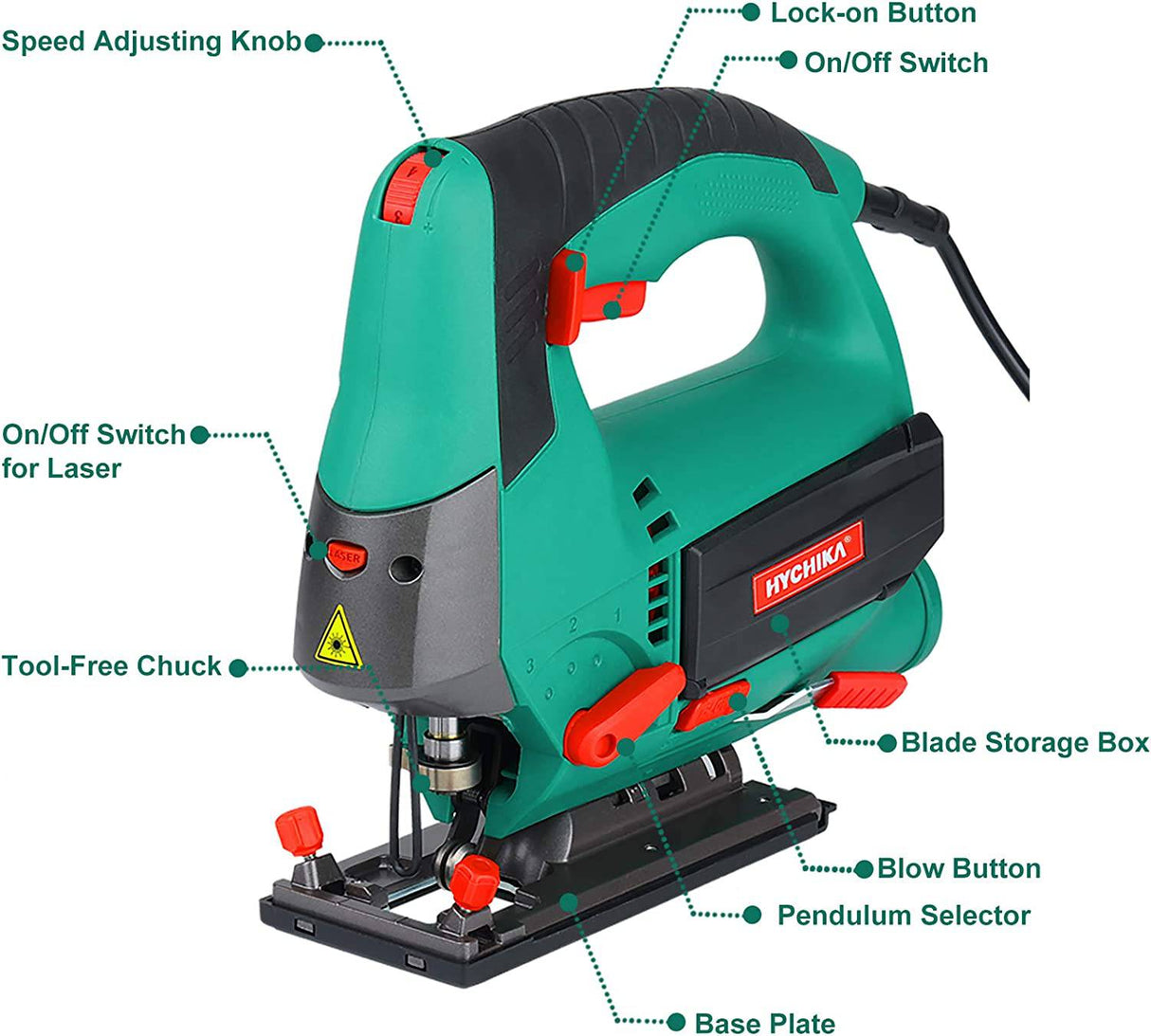 Sierra de calar, 6.7A 800W HYCHIKA Sierra de calar 800-3000SPM con 6 velocidades variables, 4 juegos orbitales, ángulo de bisel 45°, 6 cuchillas, motor de cobre puro, guía láser, estuche de transporte Madera Metal Corte de plástico - DIGVICE MX