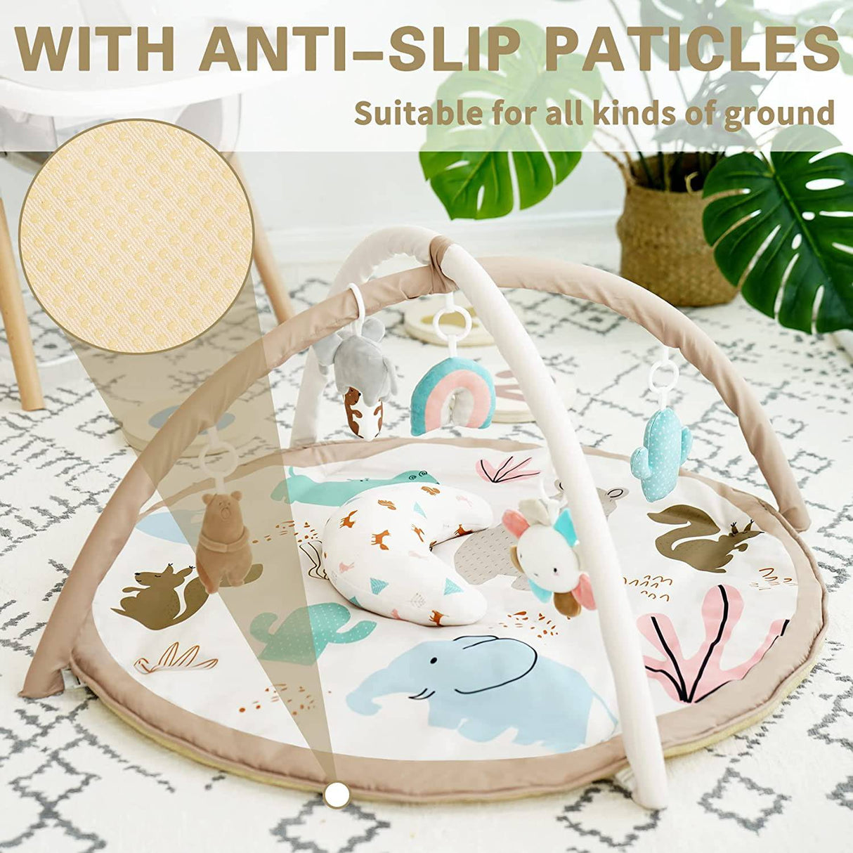 Chrisschirs - Centro de actividades de gimnasio para bebés lavable con alfombrilla de juego de animales, alfombrillas de juego de desarrollo temprano cognitivo, visual, auditivo, táctil, 6 juguetes para bebés y niños pequeños, más grande, antideslizante - DIGVICE MX