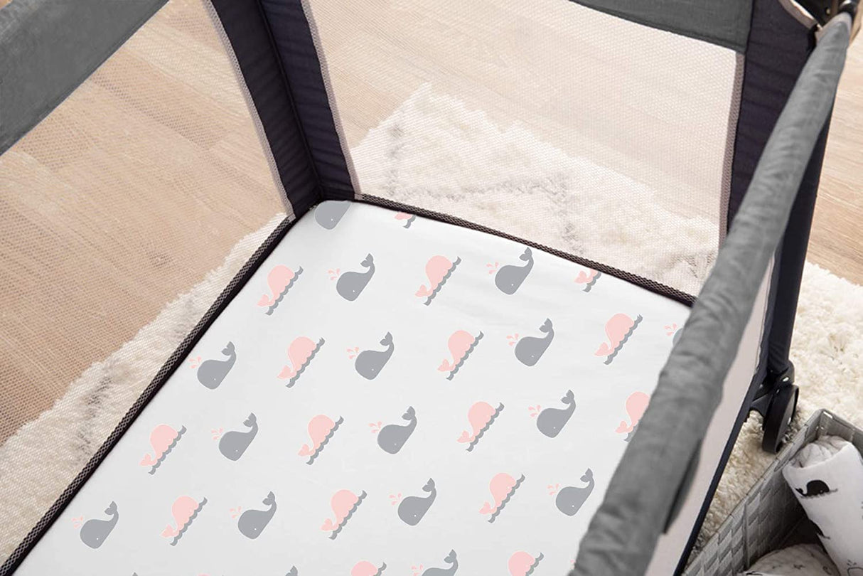 TL Care - Juego de 2 sábanas bajeras 100 % algodón natural con estampado de jersey de punto, color ballena rosa/zigzag rosa, suave y transpirable, para niñas - DIGVICE MX