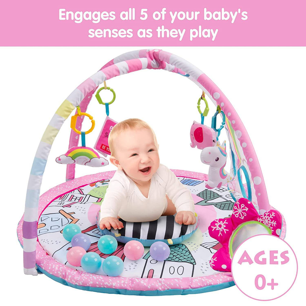Amagoing Baby Gym Play Mat, Gimnasio de actividades para bebés 4 en 1 con 6 juguetes desmontables y hoyo de pelota para el descubrimiento del desarrollo de habilidades motoras y sensoriales de los niños pequeños, para bebés de 0 a 12 meses - DIGVICE MX