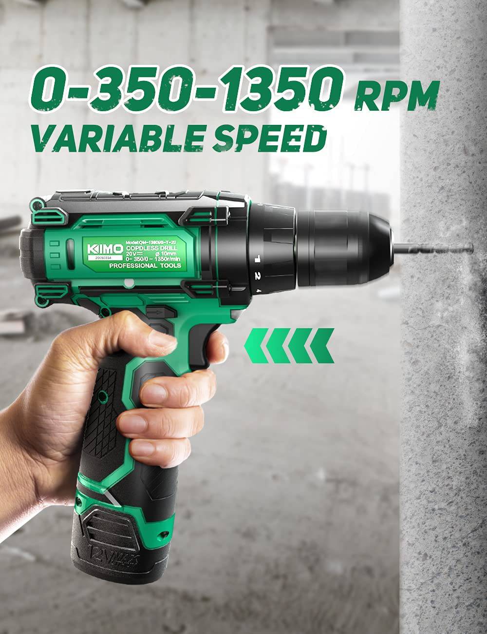 KIMO Kit de taladro/desarmador inalámbrico con batería de iones de litio, 48 piezas, con cepillos y cinta métrica; taladro de 12V Max 280 pulgada-libra, llave de dados, llave de metal 18+1, mandril de 3/8 de pulgada sin llave, LED integrado - DIGVICE MX