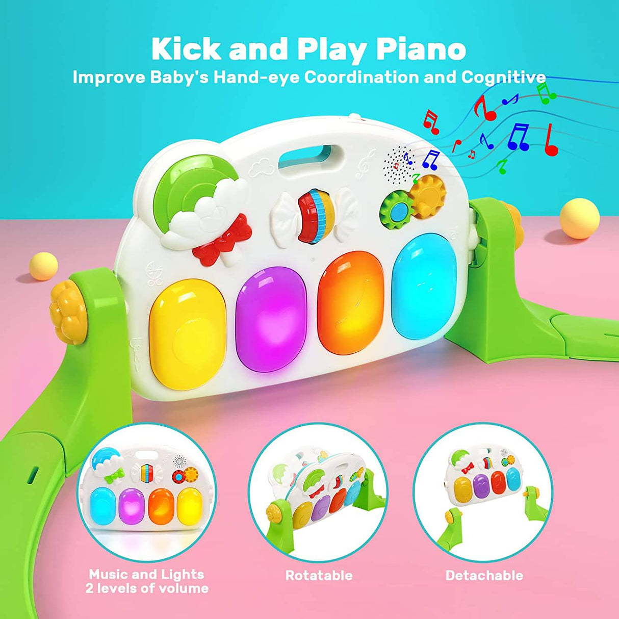 HOLYFUN Baby Gym Play Mat, Kick and Play Piano Gym con 5 juguetes sensoriales para morder, multifuncional Tummy Time Round Playmats, Centro de actividades musicales Regalo de desarrollo temprano para recién nacidos y niños pequeños - DIGVICE MX
