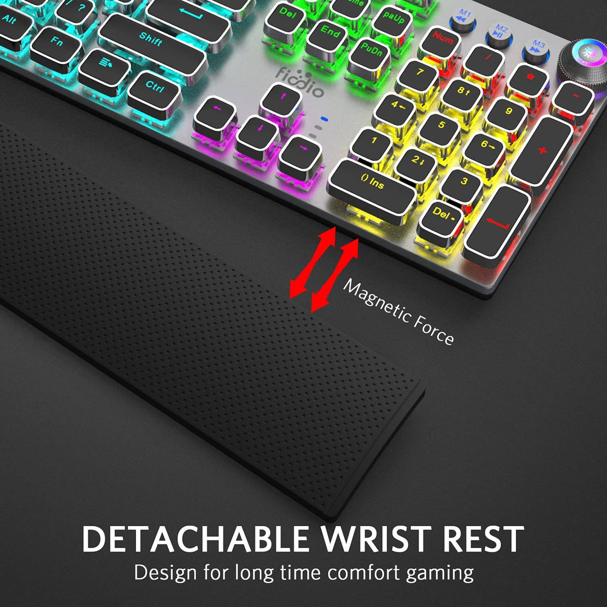 Fiodio - Teclado mecánico para juegos, retroiluminación LED Rainbow Gaming, 104 teclas anti-efecto fantasma, interruptores negros de respuesta rápida, control multimedia para PC y computadora de escritorio, con reposamanos extraíble