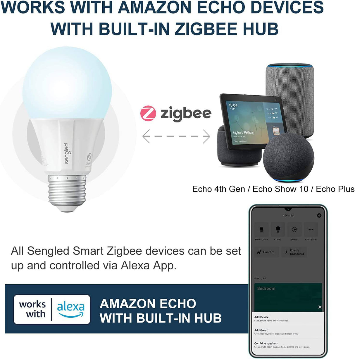 Sengled Bombillas inteligentes Zigbee, requiere Smart Hub, funciona con SmartThings y Echo con hub integrado, control de voz con Alexa y Google Home, luz diurna equivalente a 60 W A19 Alexa, paquete de 4 - DIGVICE MX