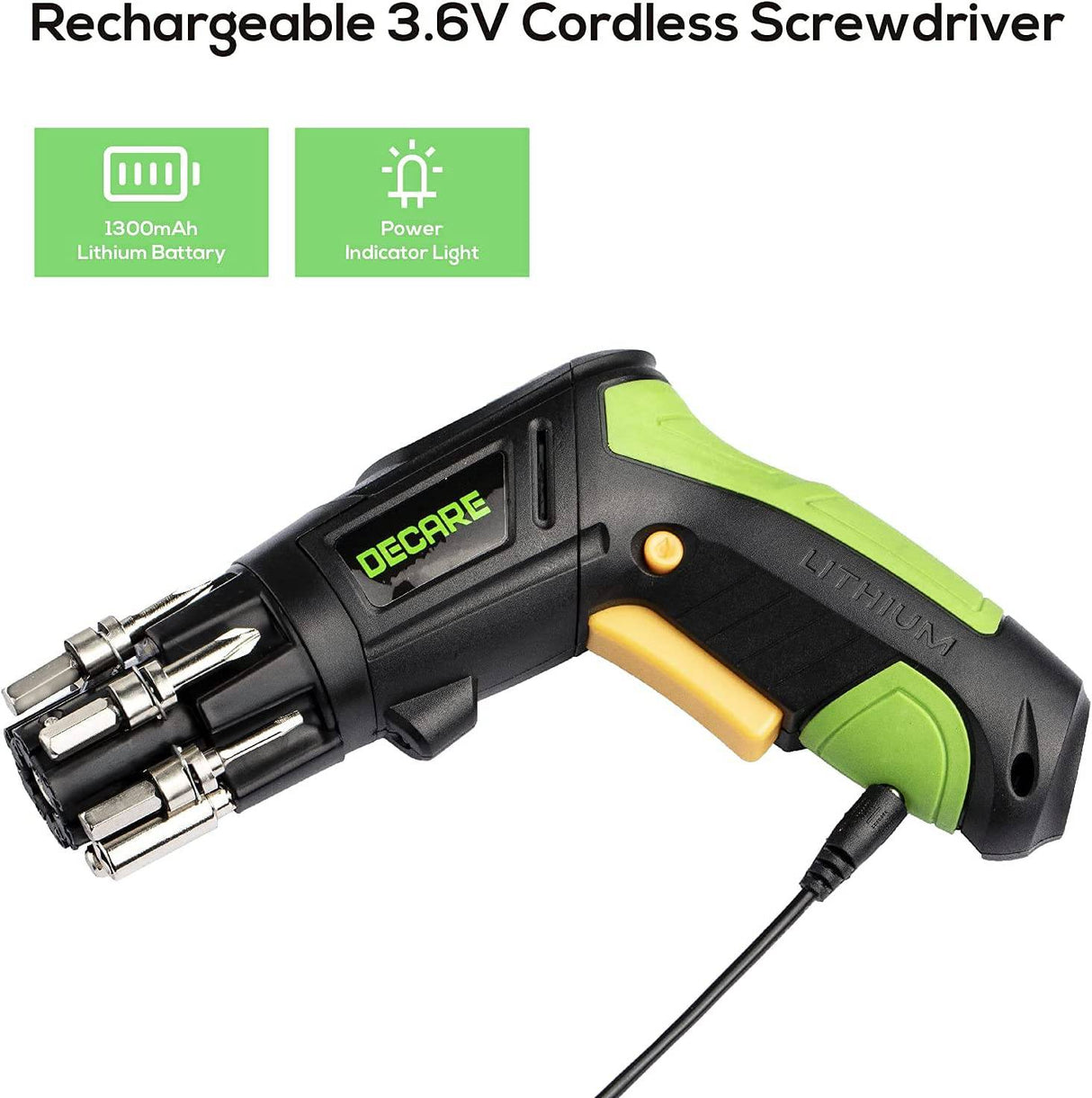 Destornillador eléctrico Decare, pistola de tornillo eléctrica inalámbrica recargable de 3,6 V con 6 uds. Bits, 1 Uds. Adaptador de extensión y luz LED - DIGVICE MX