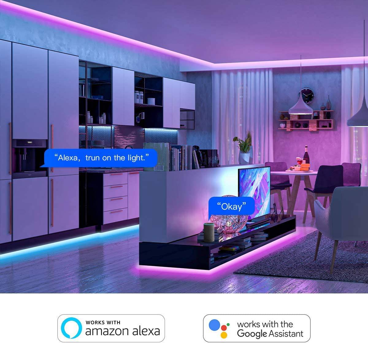 Popotan Tira de luces LED inteligentes de 50 pies - Las luces de cuerda funcionan con Alexa Google Home Aplicación de voz Control remoto Sincronización de música SMD5050 RGB Cambio de color Luz LED Sincronización de música - DIGVICE MX