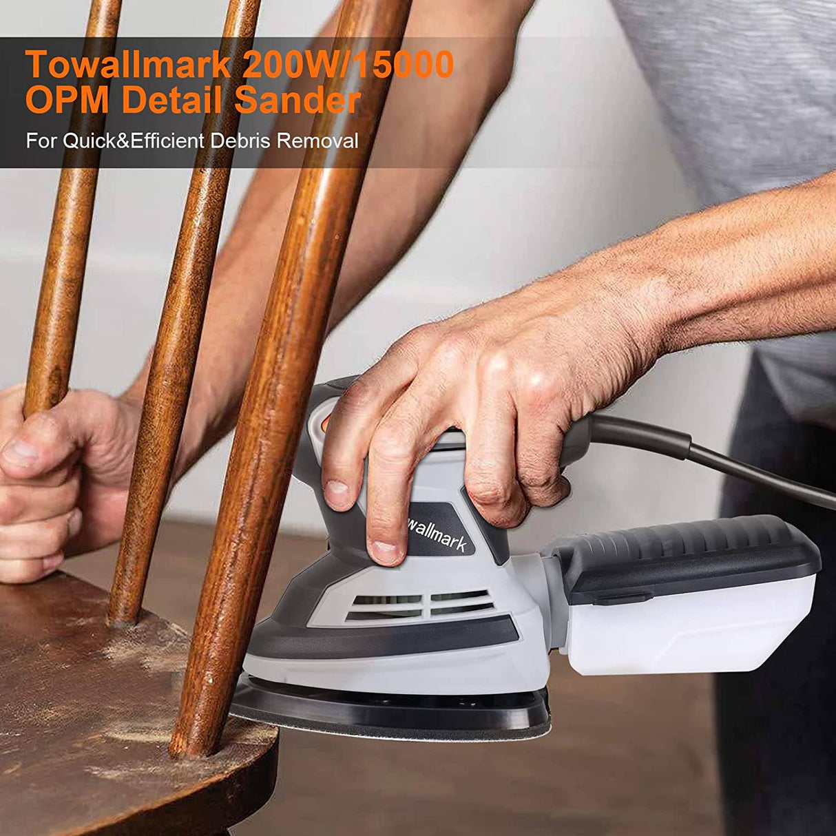 Towallmark - Lijadora de detalles 15,000 OPM Lijadora eléctrica compacta con 12 piezas de papel de lija, sistema eficiente de recolección de polvo, lijadora de mano multifunción para carpintería (1.7A, gris) - DIGVICE MX