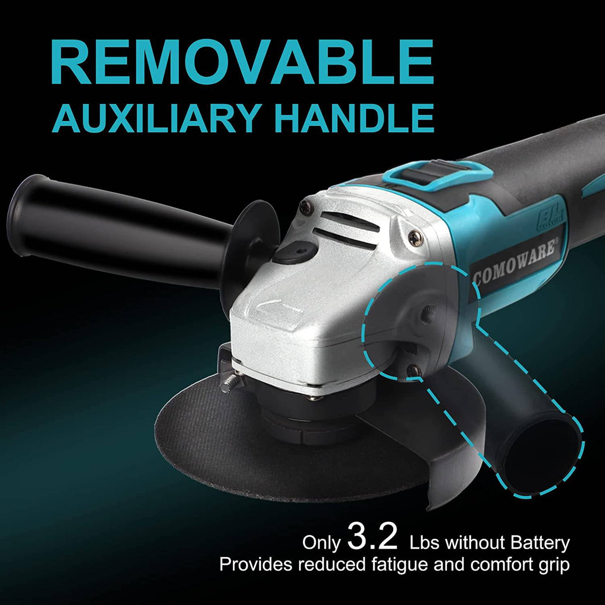 COMOWARE Kit de amoladora angular inalámbrica sin escobillas de 20 V, 4-1/2 pulgadas, herramienta de amoladora angular ligera con batería de iones de litio de 4,0 Ah y cargador rápido, posición ergonómica del botón para reducir la presión de la mano - DIGVICE MX