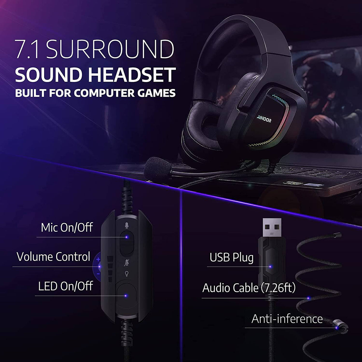 AIHOOR Auriculares para juegos con cable con sonido envolvente 7.1, micrófono desmontable, volumen en línea y control de silencio, luces LED RGB, orejeras de proteína, auriculares ligeros sobre la oreja para PC, consola PS4/PS5 (enchufe USB)