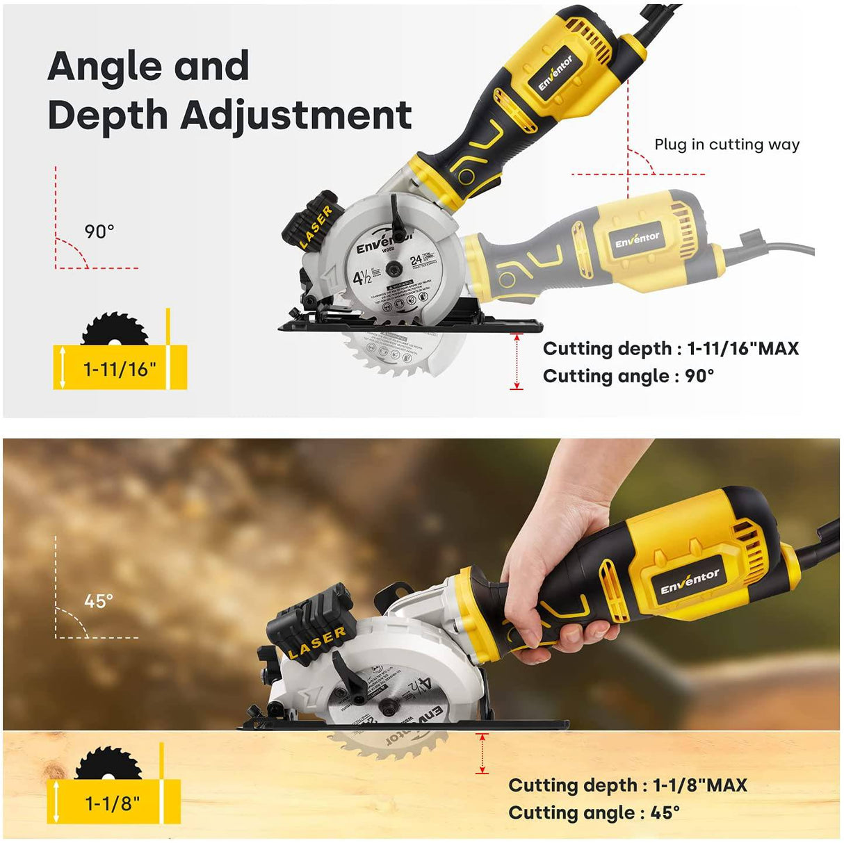Mini sierra circular, sierra circular compacta ENVENTOR 5.8A con guía láser, 3500 RPM con 6 hojas de sierra 4-1/2" Profundidad máxima de corte 1-11/16"(90°),1-1/8"(45°), Ideal para metal blando, madera, azulejos. - DIGVICE MX