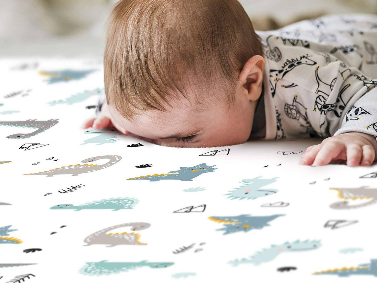 GRSSDER Stretch Ultra Soft Jersey Knit Pack n Play Juego de sábanas bajeras, paquete de 2. Sábanas portátiles/mini cunas Playards, dinosaurios felices para niñas y niños - DIGVICE MX