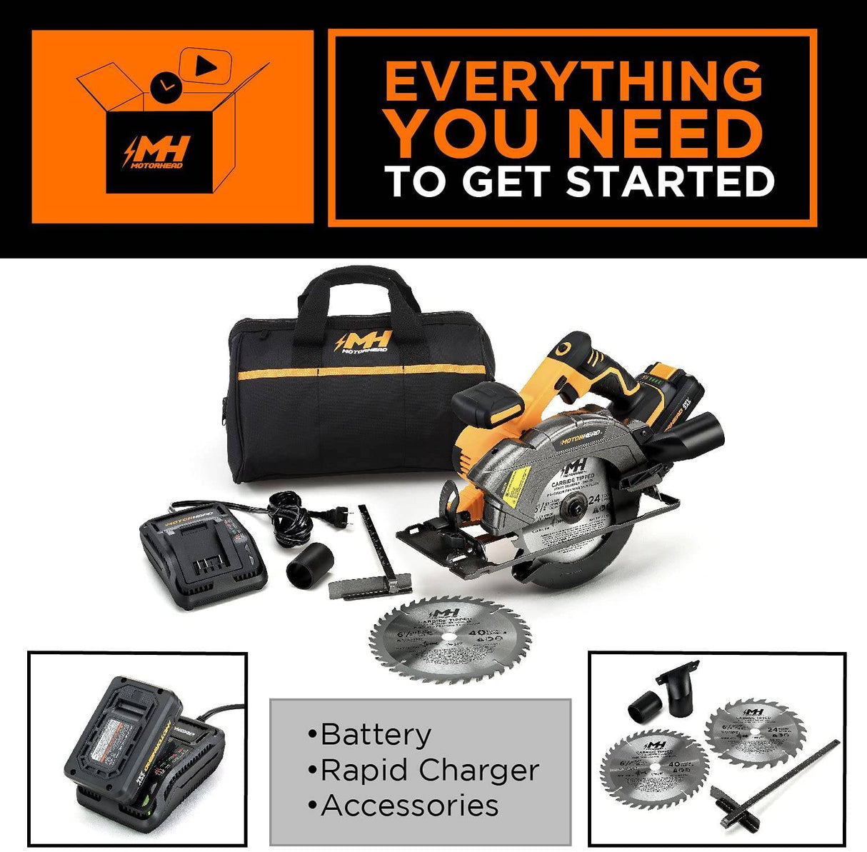MOTORHEAD 20V ULTRA Sierra circular inalámbrica de 6-1/2 pulgadas, iones de litio, guía láser, LED, guía de corte, bisel de 0-50, batería de 2 Ah y cargador rápido, bolsa, 2 cuchillas incluidas, 24T, 40T, con sede en EE. UU. - DIGVICE MX