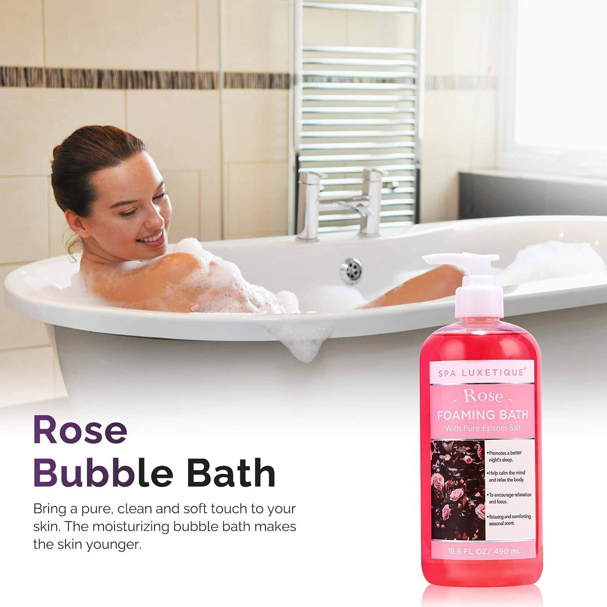 Spa Luxetique - Baño de burbujas con sal pura de Epsom, juegos de baño con aroma a rosa y manzanilla, regalo para el día de la madre, regalos de spa hidratantes y relajantes para mujeres, 33.2 oz (paquete de 2)