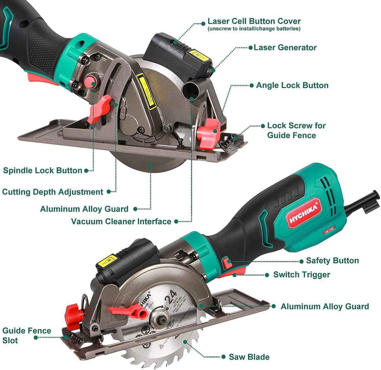 Sierra circular, minisierra circular eléctrica HYCHIKA 6.2A, guía láser, 6 hojas (4-1/2"), profundidad máxima de corte 1-11/16'' (90°), mango de goma, cable de 10 pies, ideal para madera Cortes de plástico de azulejos de metal blando - DIGVICE MX