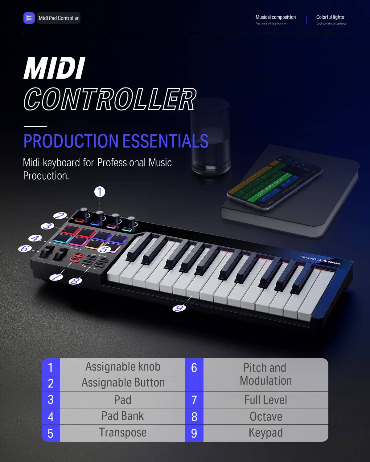Donner STARRYKEY Teclado MIDI Controlador MIDI, 25 teclas de tamaño completo, efecto de iluminación de 7 colores, 8 almohadillas retroiluminadas sensibles a la velocidad con 24 tonos personalizados seleccionables, con salida MIDI e interfaz de pedal