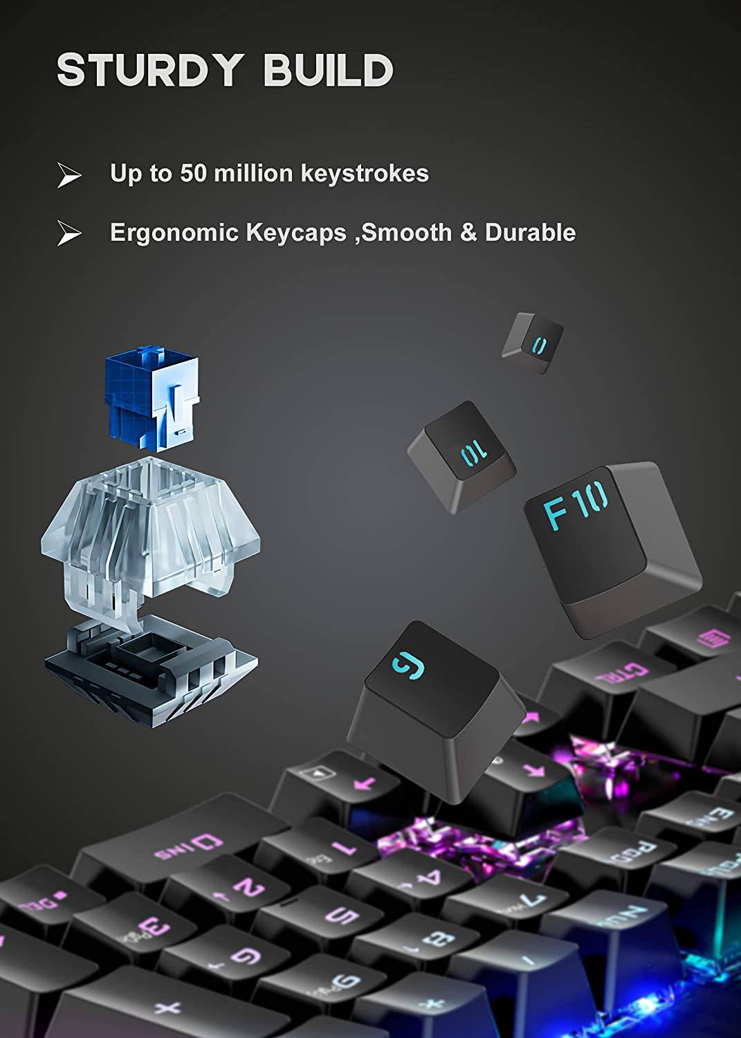 MIQ - Teclado mecánico para juegos, teclado RGB con cable de 104 teclas con interruptor azul, retroiluminación RGB programable para PC para juegos con Windows