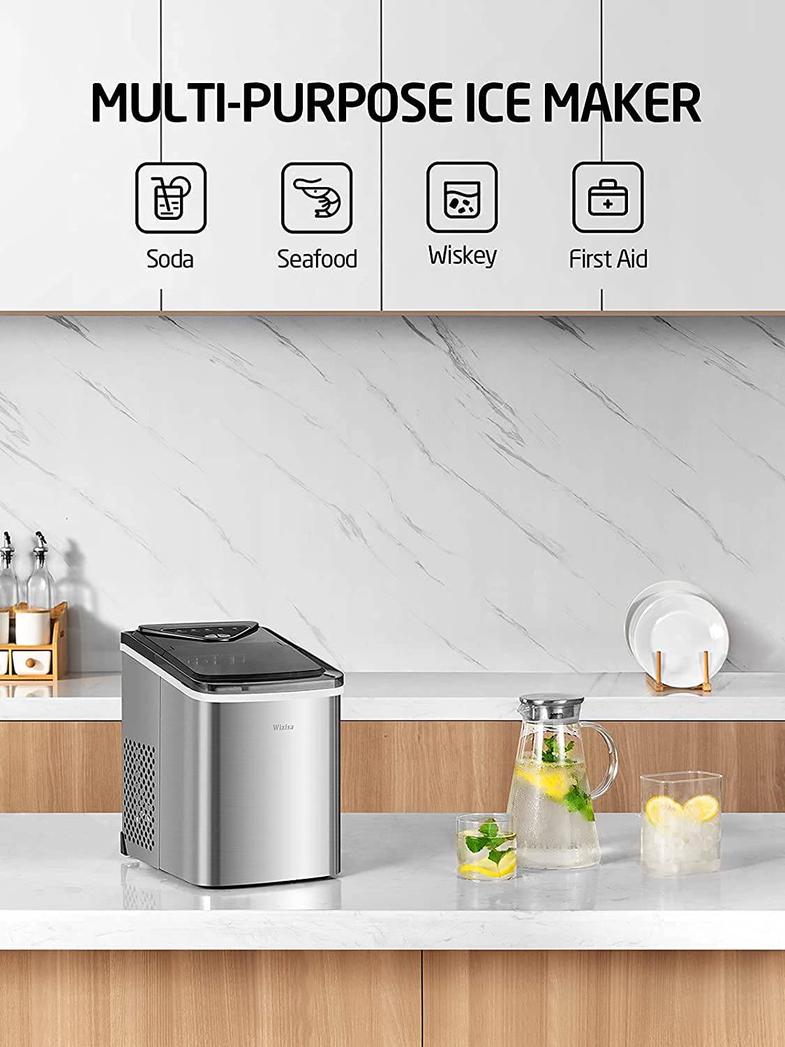 WIZISA - Máquina para hacer hielo para encimera, 9 cubitos de hielo de bala listos en 6 minutos, 26 libras en 24 horas, máquina portátil para hacer hielo autolimpiante, 2 tamaños de hielo en forma de bala para el hogar, cocina, oficina, bar, fiesta - DIGVICE MX