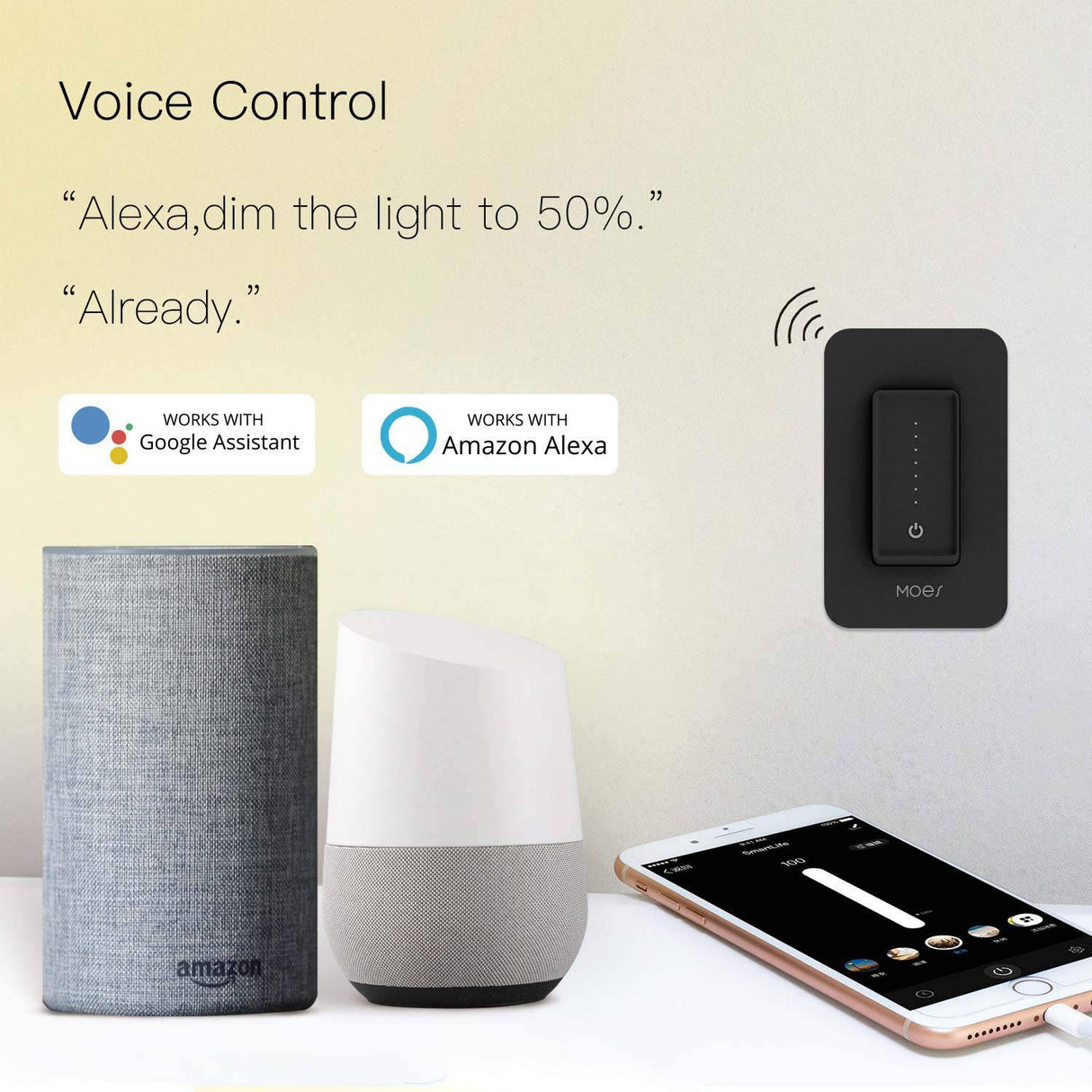 MOES WiFi Smart Light Dimmer Switch, requiere cable neutro, no requiere concentrador, control remoto Smart Life/Tuya APP, compatible con Alexa Google Home para control de voz, ETL y FCC listado unipolar negro - DIGVICE MX