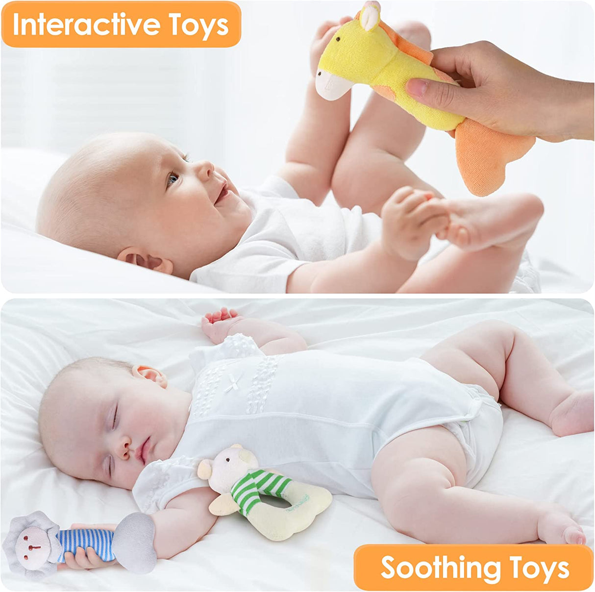 iPlay, iLearn 4 juguetes de peluche para bebé con sonajero suave, agitador sensorial de mano, juego de animales de peluche de granja - B077PS65DG