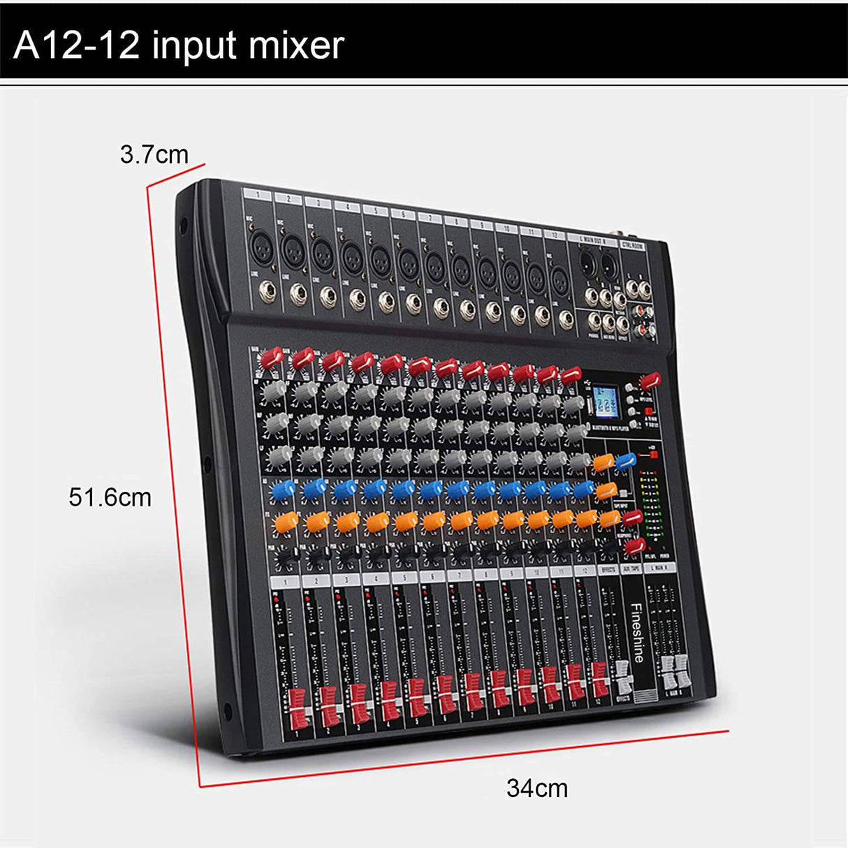 Fineshine Mezclador de audio de 12 canales Consola de mezcla de sonido con USB Bluetooth, entrada de grabación de PC, conector de micrófono XLR, alimentación de 48 V, entrada/salida RCA para profesionales y principiantes (12 canales)