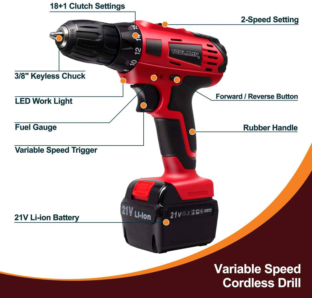 Toolman 21 V velocidad variable taladro inalámbrico 53 piezas, 3/8 mandril sin llave, 2 ajustes de velocidad, 18+1 ajuste de par ZTP037 - DIGVICE MX