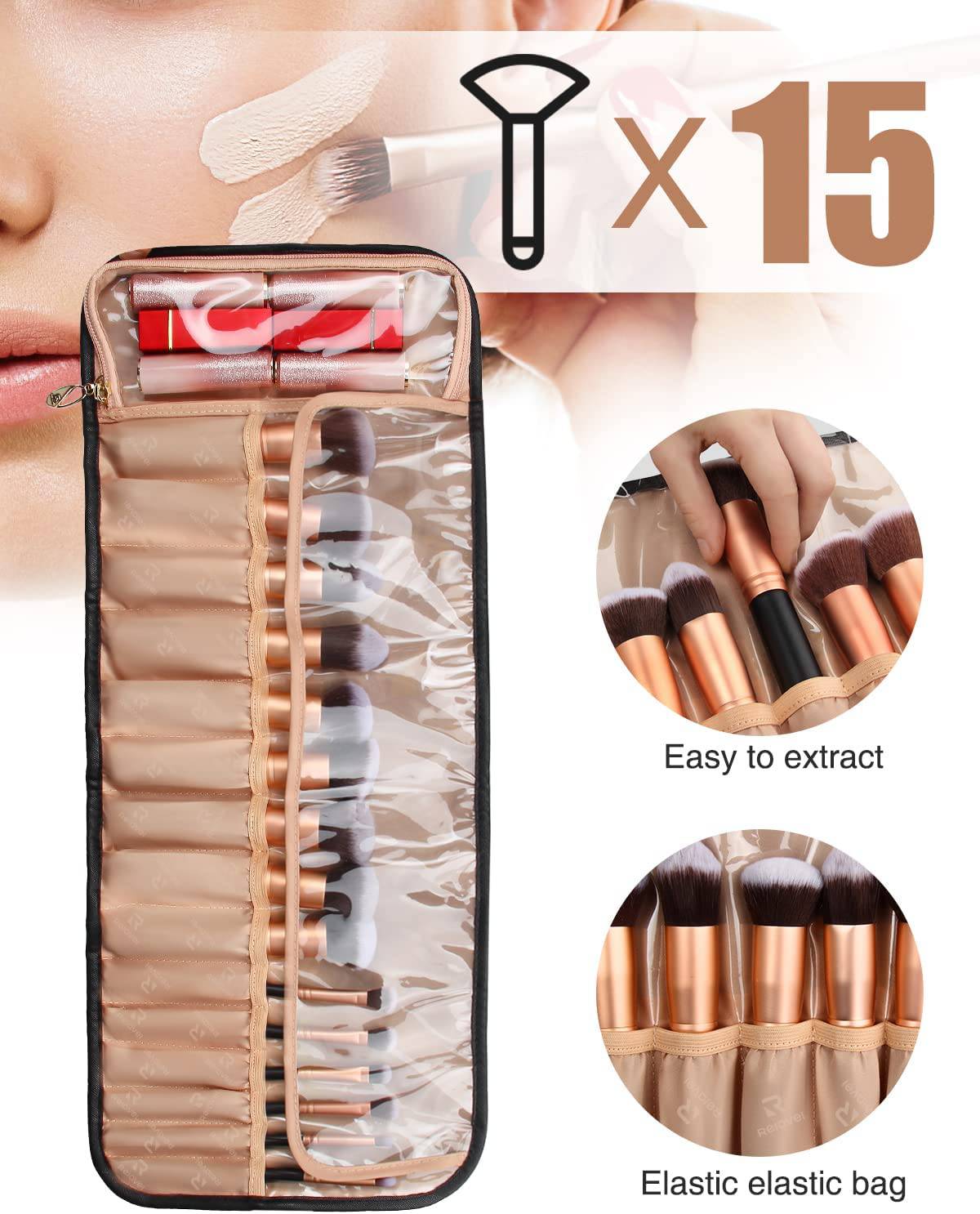 Relavel - Estuche para brochas de maquillaje Estuche para brochas de maquillaje, Estuche de cuero negro con bolsa transparente pequeña