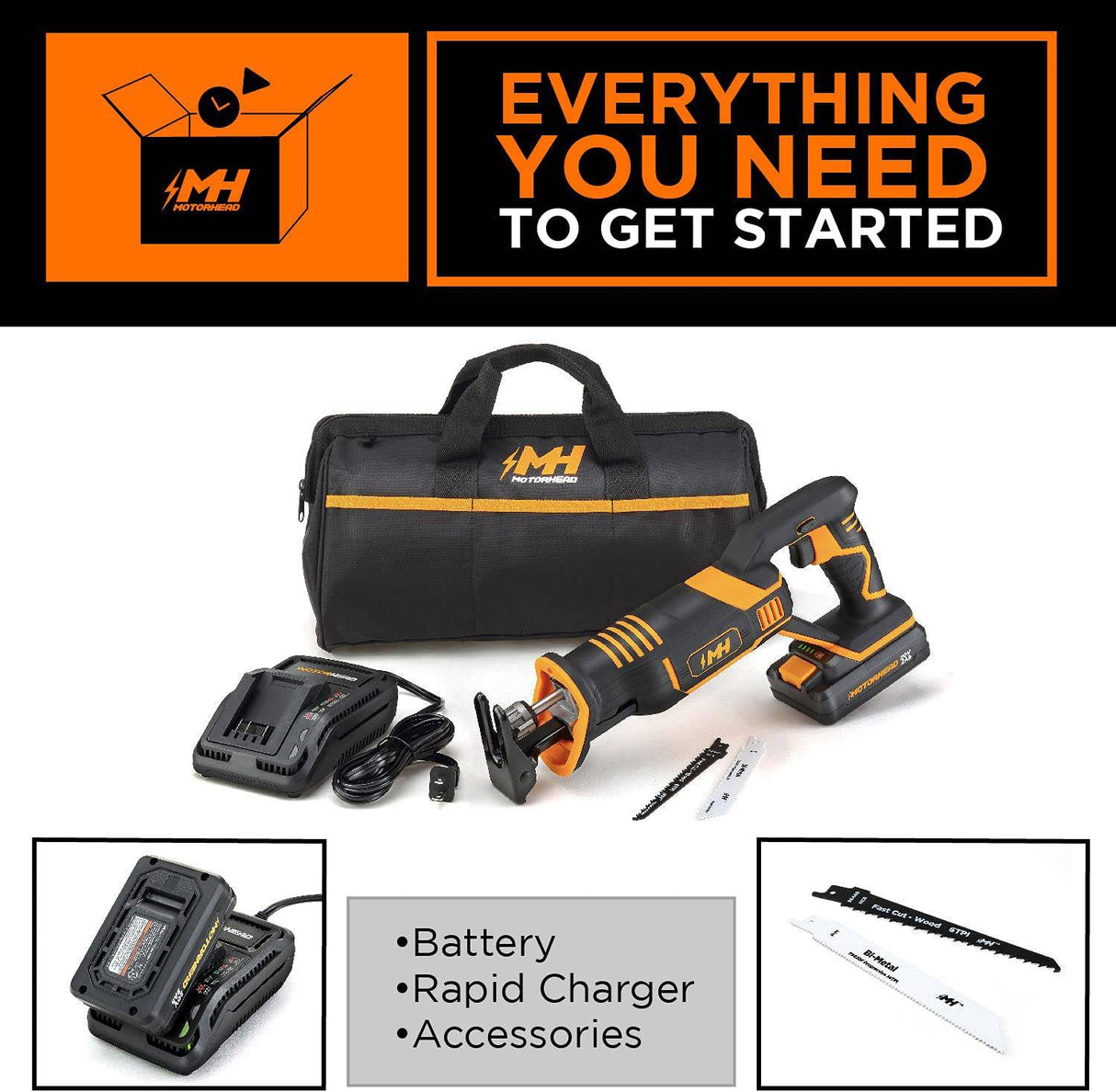 MOTORHEAD Sierra de sable inalámbrica ULTRA de 20 V, iones de litio, protección y cambio de hoja sin herramientas, carrera de 1", 0-3000 SPM, gatillo de velocidad variable, batería de 2 Ah, cargador rápido, bolsa, 2 hojas, basado en EE. UU. - DIGVICE MX
