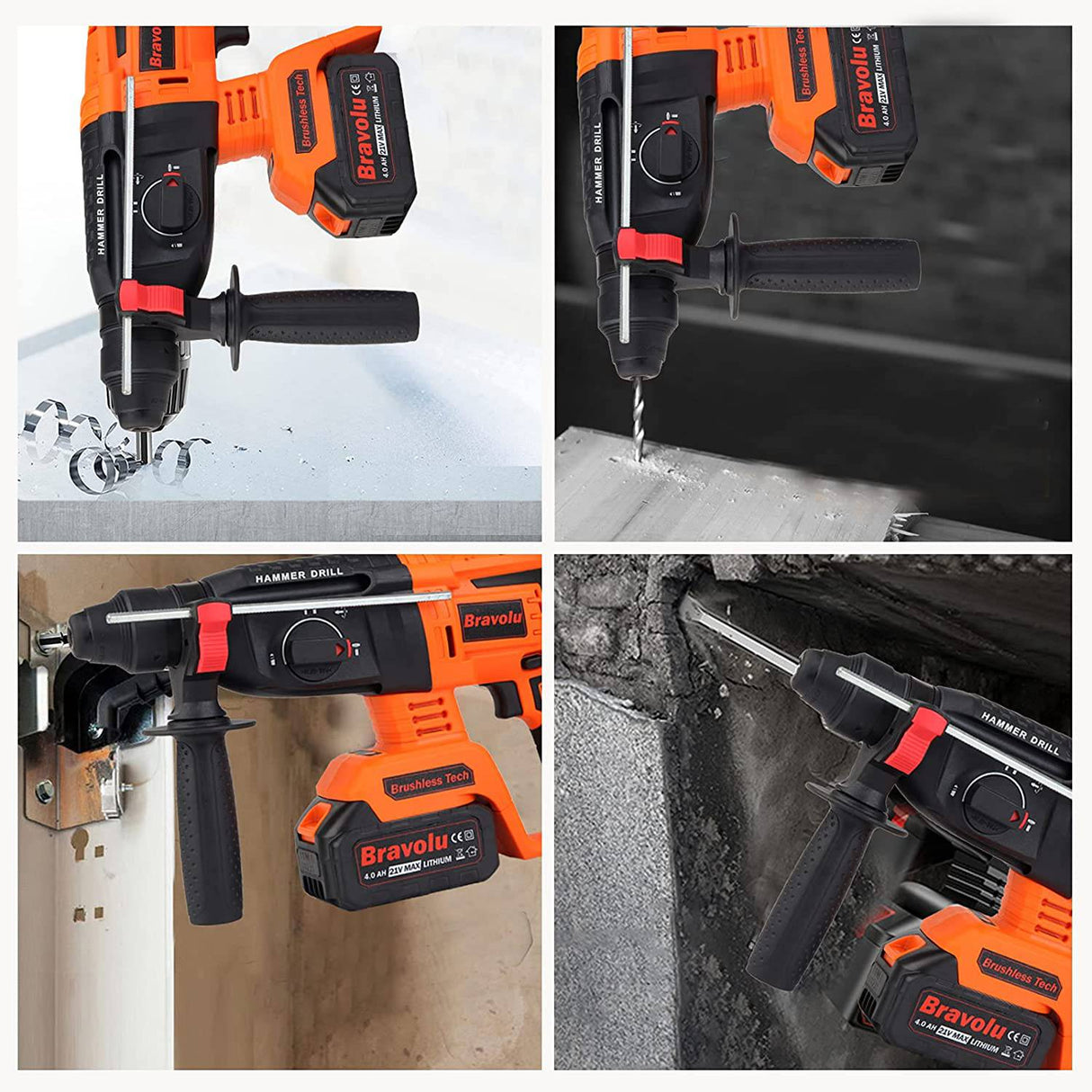 Taladro percutor inalámbrico, Bravolu Brushless 21V 1 pulgada SDS Plus Taladro percutor con 2 baterías de 4.0Ah y cargador rápido, 4 modos y velocidad variable, mango ajustable - DIGVICE MX