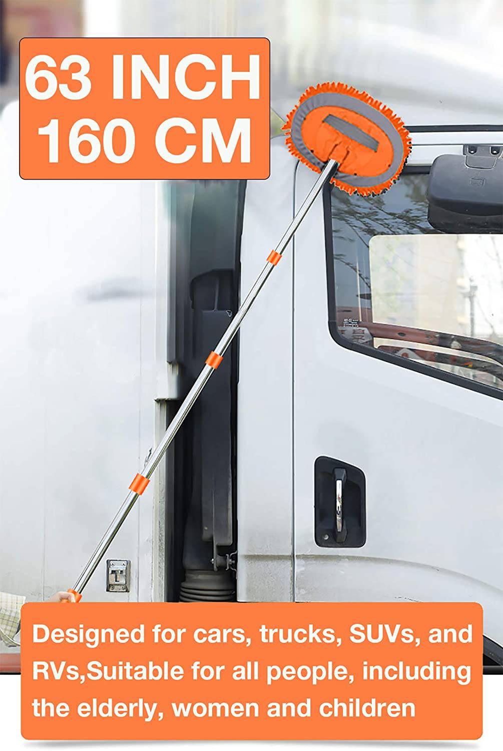 WillingHeart - Manopla de cepillo para fregona de lavado de coches de 63 pulgadas con mango largo más adecuado para lavar coches americanos, camiones, SUV, RV, remolques