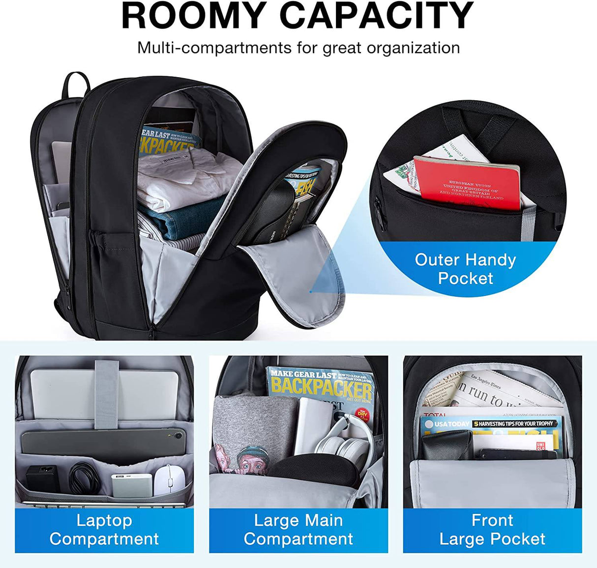 BAGSMART - Mochila para computadora portátil para hombres y mujeres Mochilas de viaje expandibles para computadora de 17.3 pulgadas con puerto de carga resistente al agua