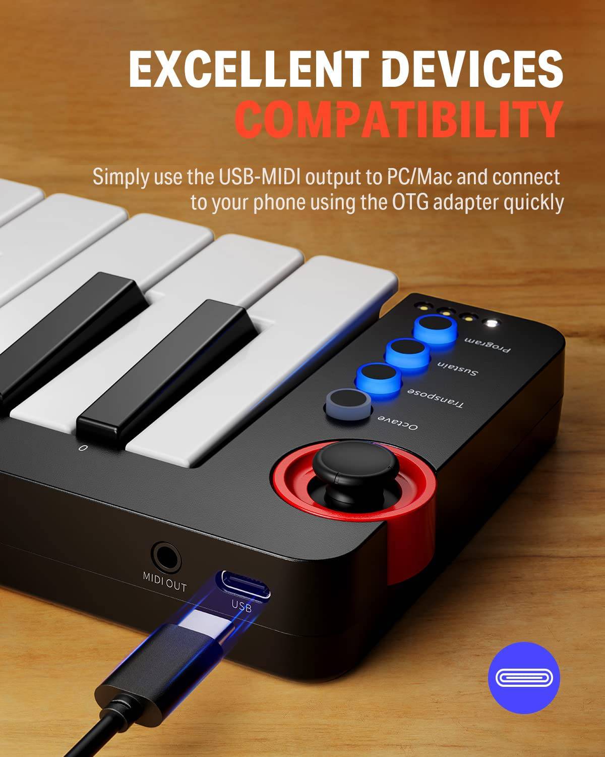 Donner - Controlador de teclado MIDI USB de 25 teclas, Donner N-25 con teclas sensibles a la velocidad y balancín iluminado para iPhone, iPad, Mac y PC, teclado MIDI portátil pequeño