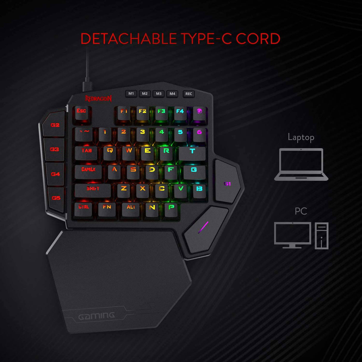 Redragon K585 DITI Teclado mecánico para juegos RGB con una sola mano, teclado para juegos profesional tipo C con 7 teclas macro integradas, reposamuñecas desmontable, 42 teclas (interruptor negro-azul)