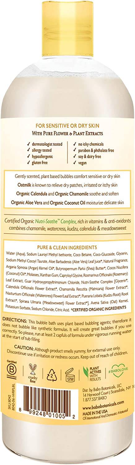 Babo Botanicals Baño y lavado de burbujas 2 en 1 hidratante a base de plantas - con caléndula orgánica y leche de avena natural - Para bebés, niños y adultos con piel sensible - Hipoalergénico y vegano - 15 oz