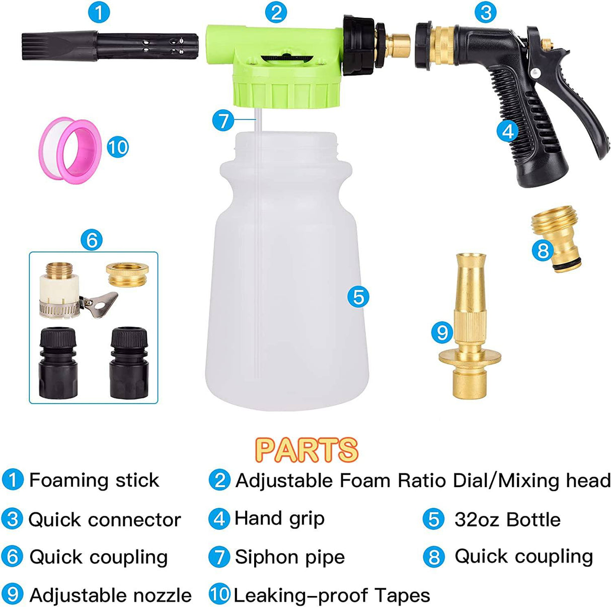 Fitosy Kit de lavado de autos con pistola de espuma, pistola de espuma de lavado de autos con toallas de microfibra, cepillo para ruedas de autos y guantes de microfibra para limpieza de autos,