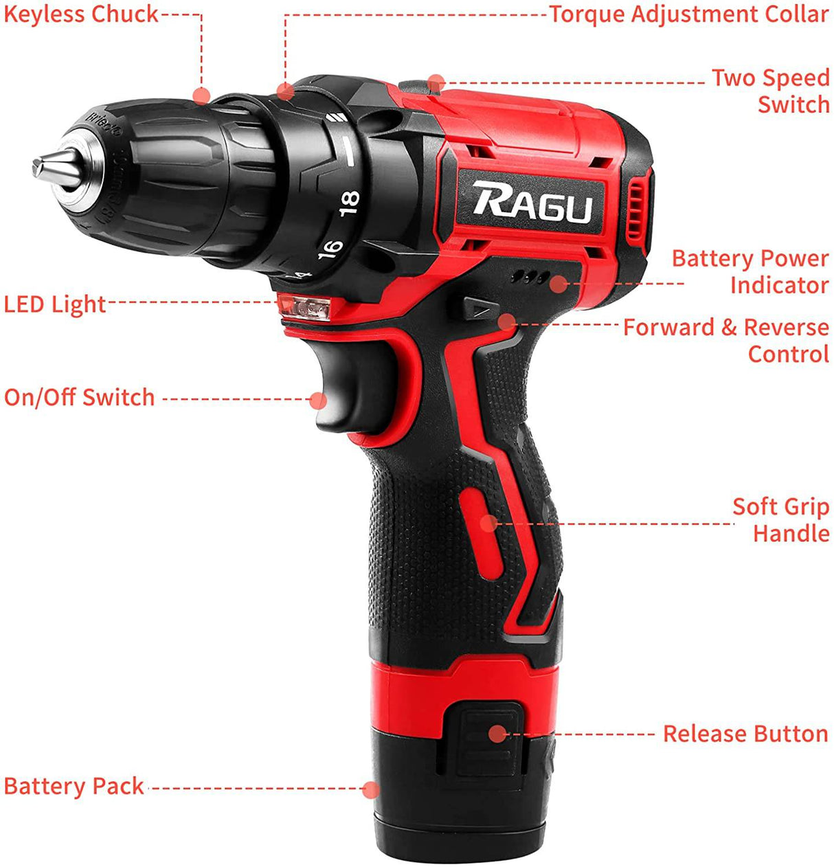 Ragu Kit de taladro inalámbrico de 12,6 V, taladro eléctrico con 2 baterías y cargador, 34 piezas, ajuste de par de 18+1, portabrocas sin llave de 3/8 pulgadas 30 Nm máximo, destornillador eléctrico con 2 velocidades, luz LED para proyectos de bricolaje - DIGVICE MX