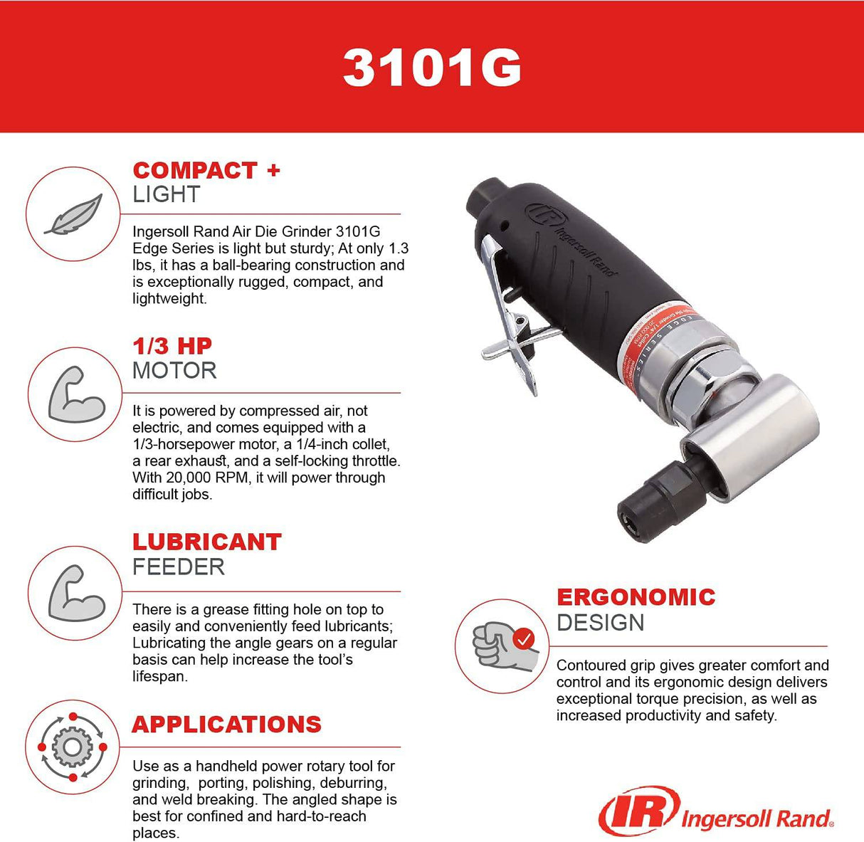 Ingersoll Rand 3101G Air Die Grinder Edge Series - 1/4", trabajo pesado, ángulo recto, empuñadura ergonómica, construcción de cojinete de bolas, herramienta liviana, negro - DIGVICE MX