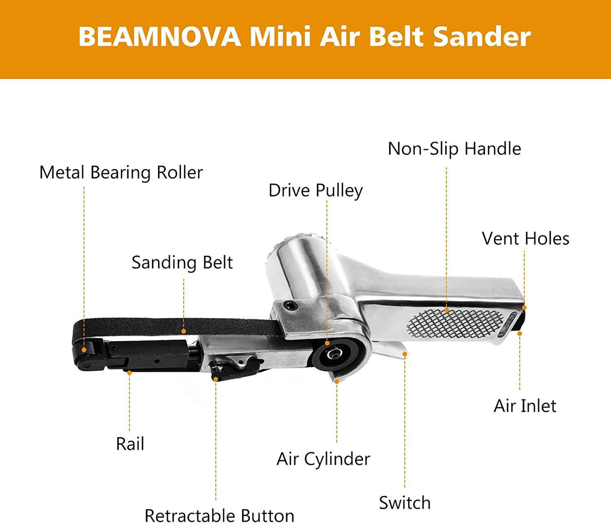 BEAMNOVA Mini lijadora de banda de aire para carpintería, trabajo de metal, amoladora angular de mano de 3/8 pulgadas, herramienta neumática industrial con 3 cinturones de grano 60/80/100 - DIGVICE MX